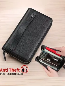 Real Leather Rfid Theft-Proof Wallet, Large Capacity Zipper Bag, Vintage Textured Design, Secure Card Slot, Rfid Card Holder, Stores Keys Phone Cards, Durable Wallet, Anti Theft Wallet, Vintage Style Wallet