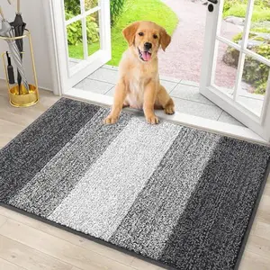 Dog Door Mat for Muddy Paws, Absorbs Moisture and Dirt, Low-Profile Entryway Mat with Non-Slip Backing, Entry Indoor Outdoor Doormat for Inside Floor (30x20 Inches, Grey, Striped)