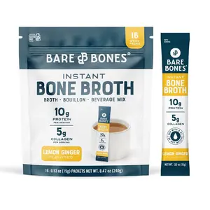 Bare Bones Lemon Ginger Bone Broth Instant Powdered Mix Packets | 5g Collagen | 10g Protein | Keto & Paleo Friendly | No Artificial Flavors | Rich Savory on-the-go 16 Pack