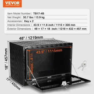 VEVOR Underbody Truck Box, 48x 17x 18 Pickup Storage Box, Heavy Duty Aluminum Diamond Plate Tool Box with Lock and Keys, Waterproof Trailer Storage Box with T-Handle Latch for Truck, Van, Trailer