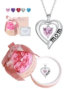 Rose Basket Necklace Gift Box, Heart Pendant Cz Birthstone Necklace for Mom, Birthday Mother's Day Christmas Present