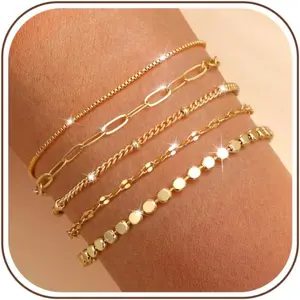 CASSIECA Women's 5pc Adjustable Size Bracelet Set - 14 Karat Gold-Plated, Snake Chain, Cuban, Paperclip Link Designs - Daily Wear Women Costume Jewelry SummerVibes, Cuban Chain Bracelet, Adjustable Link Bracelet