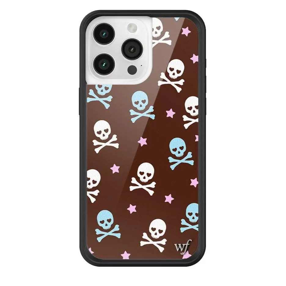 Cross Bones | Limited Edition Trendy iPhone Case | Raised Protective Black Bumper | Women Owned Small Business | Brown Background Pastel Blue and Pink Stars and Skull and Crossbones | Safety Casing Protective | Gift for Her