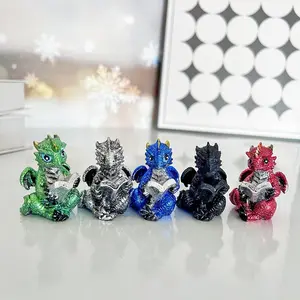 Cute Dragon of Reading Design Resin Ornament, 5 Counts Mini Dragon Statue, Evil Collectible Medieval Fantasy Statue Decoration, Desktop Statue, Home Decor, Resin Animal Sculptures