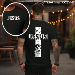 100% Cotton Cross & Faith Over Fear Slogan Print Short Sleeve Tee, Regular Fit Vintage Trendy Casual Relaxed Comfy Round Neck T-shirt for Daily Wear, Men's All Seasons Top, Summer Clothes, Christian Apparel