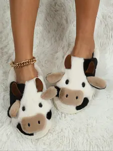 Women's Cute Cow Design Plush Slippers, Casual Soft Comfortable Home Slippers, Warm Slippers for Indoor & Outdoor Use for Fall & Winter,Christmas Gifts For GF