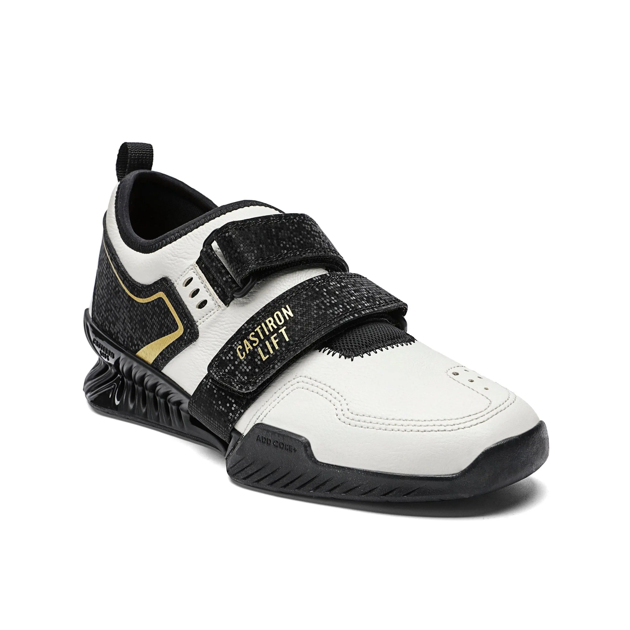 Castiron Lift PowerLifter 1 - Unisex Leather Training & Gym Shoes, Black Gold, EU Sizing, 35mm Feature, Dual Straps