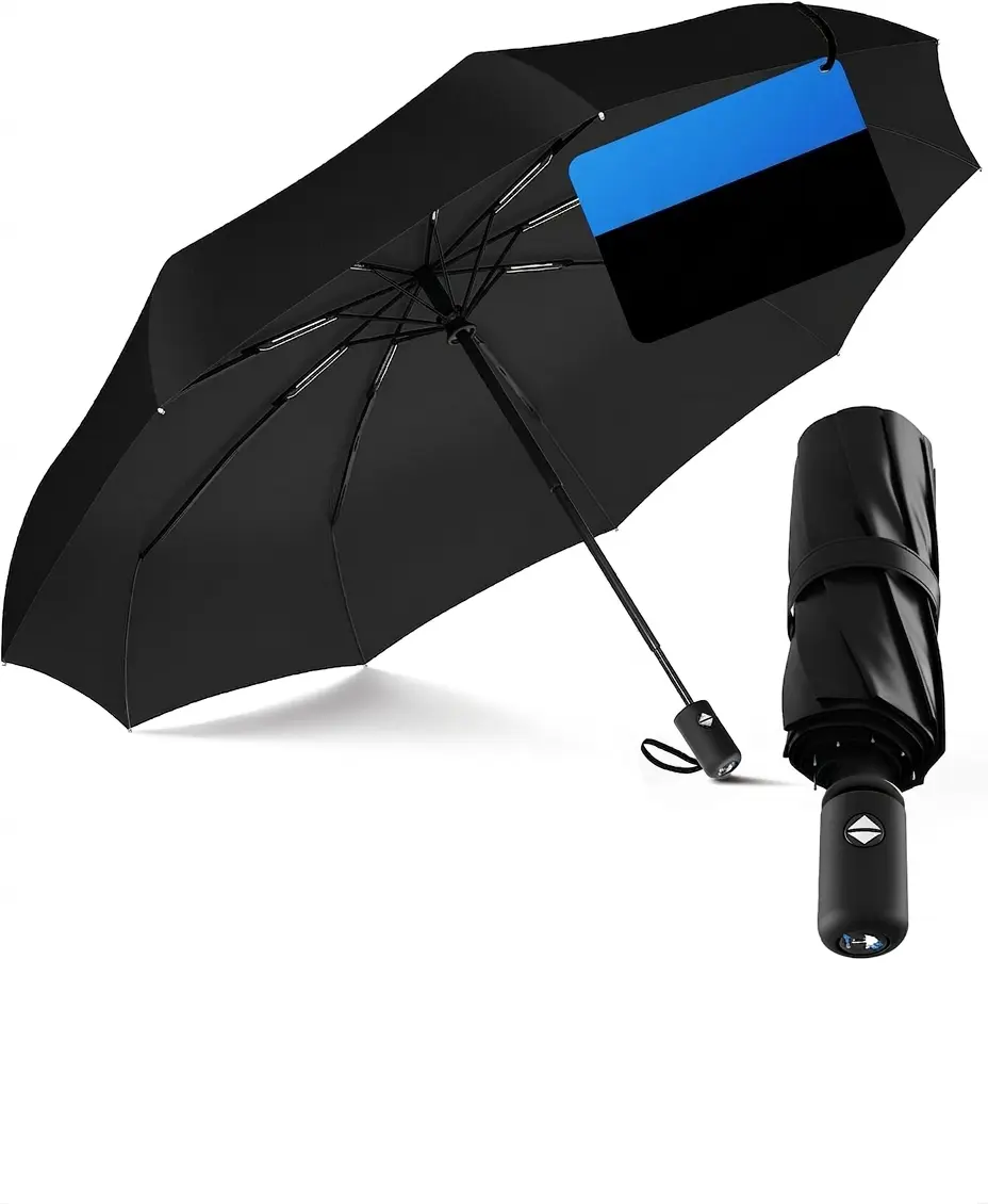 Windproof Compact Travel Umbrella for Rain - Strong Reinforced Fiberglass Ribs, Auto Open-Close, Lightweight Packable Design for Men & Women, Easy Collapse, Ideal Gift