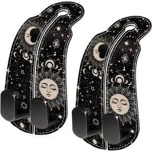 2PCS Car Seat Back Storage Headrest Hooks, Sun and Moon Purse Holder Bags Hanger, PU Leather Double Metal Hook For Backseat Organizer, Women Car Accessories Organization