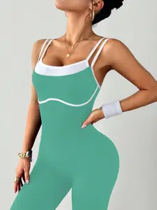 Women's Sporty Jumpsuit, Colorblock Design, Adjustable Straps, High Waist Fit, High Stretch Fabric, Casual Yoga Pants, Workout Jumpsuit, All Seasons