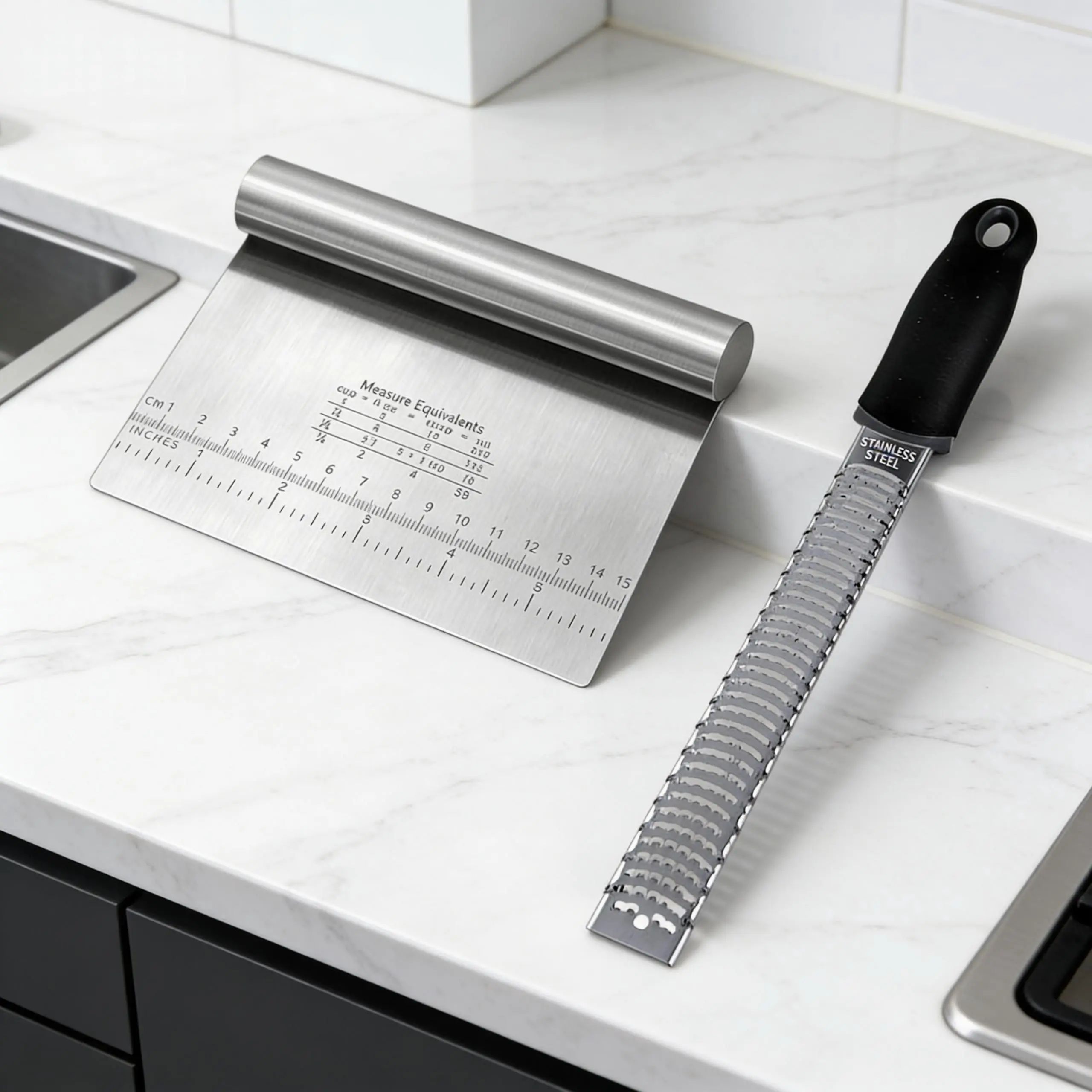 Stainless Steel 2-Piece Kitchen Utensils Set - Sturdy Food Prep Tools with Handles: Scraper Chopper, Pastry Cutter, Dough Cutter, Lemon Zester, Parmesan Cheese Grater for Baking & Chopping, Dishwasher Safe