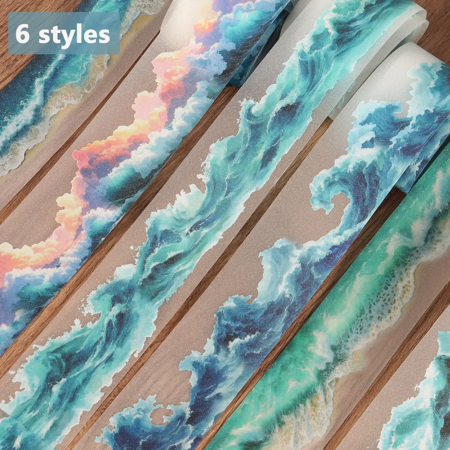 1roll PET Ocean Waves Self-adhesive Decorative Tape, Diy Decal Film, Ocean Stickers, with Flash Sand Craftsmanship, Ocean Wave Design, for Scrapbooking Supplies, Scrapbook Accessories, Collage Decoration, Junk Journals