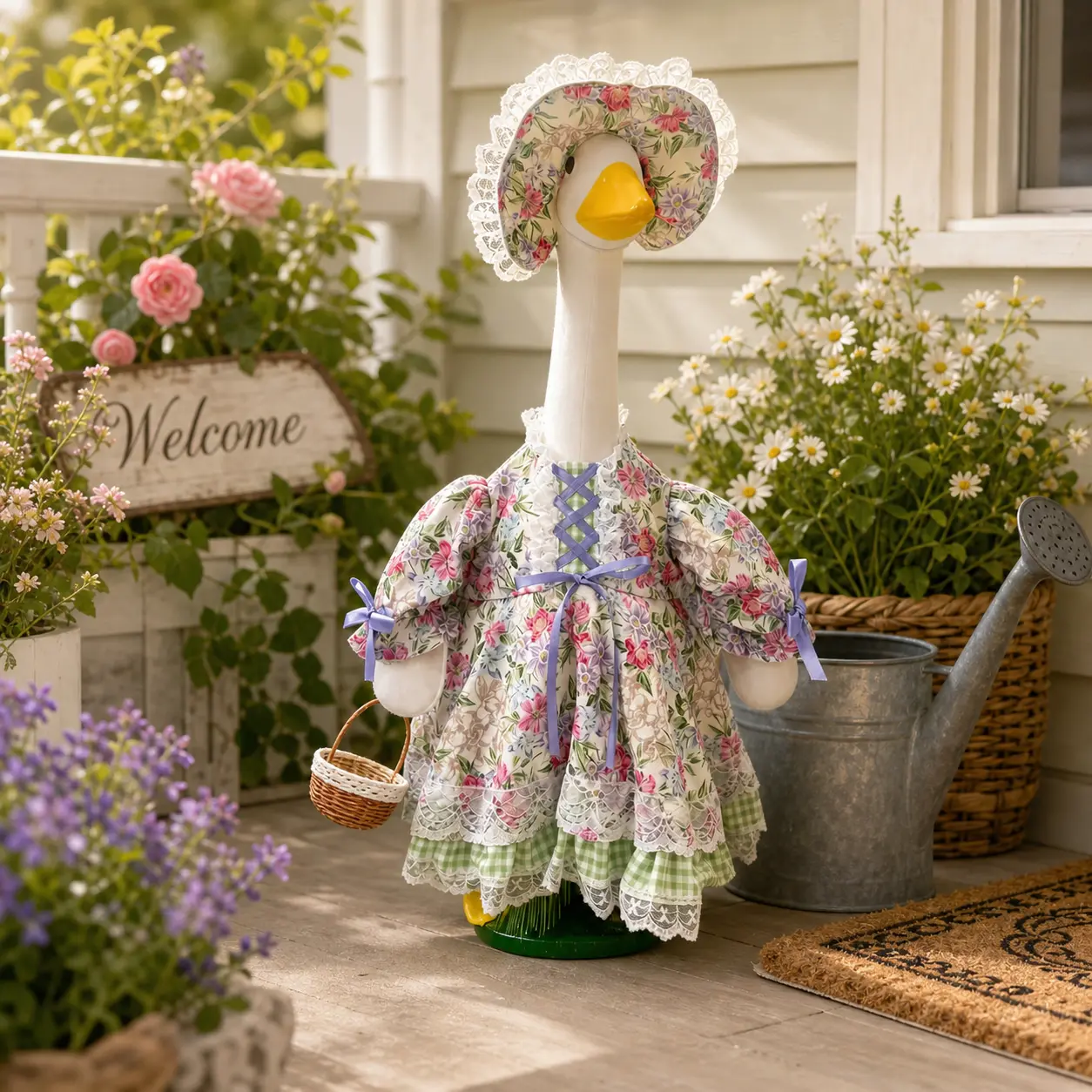 Cottagecore Goose Costume Kit - Polyester Floral Lace Trim Puff Sleeve Dress, Ruffle Bonnet Hat, Print Style Home Decor Accessories for Front Porch Lawn Display, Mixed Color