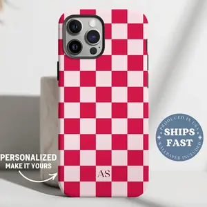Personalized Pink Red Phone Case Custom Monogram Phone Case, Checkered Cherry Phonecase, Checkerboard Phone Case with Initials Checker Case
