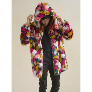 Men's Hooded Coat - Long Formality-Free Outerwear with Front Closure, Non-Stretchy Fabric for Fall/Winter, Casual Outerwear - Everyday & Special Occasion Jacket, Winter Clothing, Colorful Patchwork Design