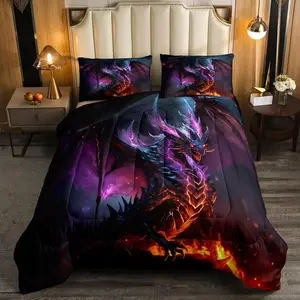 Feelyou Magical Dragon Duvet Cover Set, Purple Lightning Wild Animal Microfiber Bed Set, Decorative Bedding for Teen Boys' Magic Theme Bedrooms, Bedroom Bedding Set