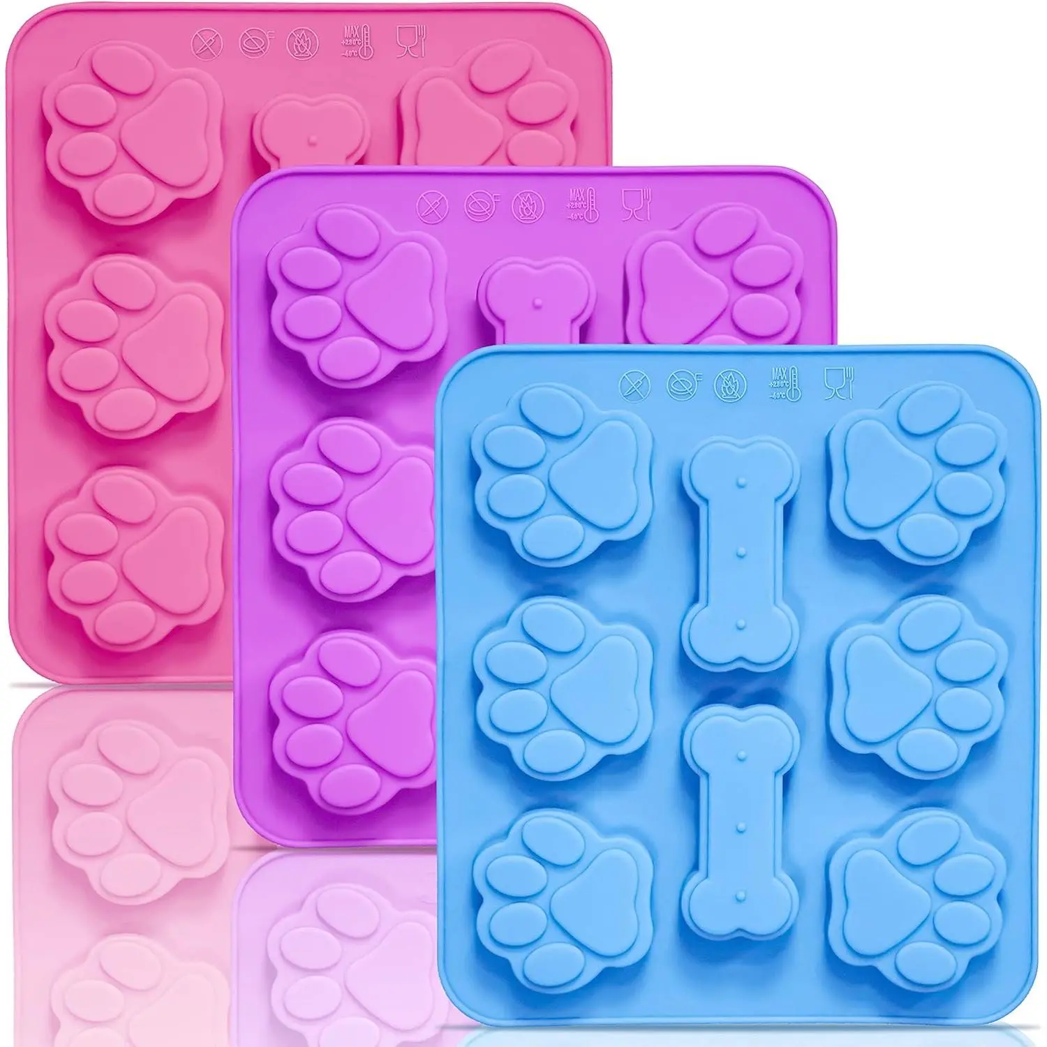 3 Pack Silicone Molds with Puppy Dog Paw and Bone Shaped,2 in 1 Reusable Non-Stick Ice Cube Trays & Flexible Candy Chocolate Molds for Homemade Dog Treats,Pudding,Jelly & Baking Biscuits