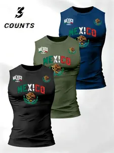Men's Sleeveless T-Shirt 3-Pack, Mexican Theme Graphic Print, High-Quality Soft Fabric, Loose Casual Design, Durable Material, Daily Wear, Top