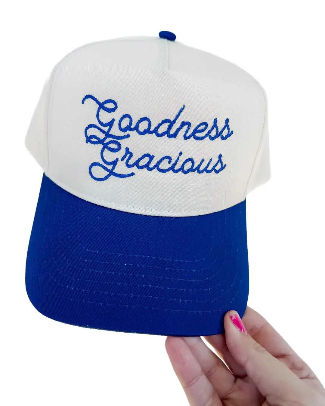 Goodness Gracious Embroidered Five-Panel Twill Cap Navy Trucker Snapback Closure Adjustable Fit Comfortable Stylish Hat