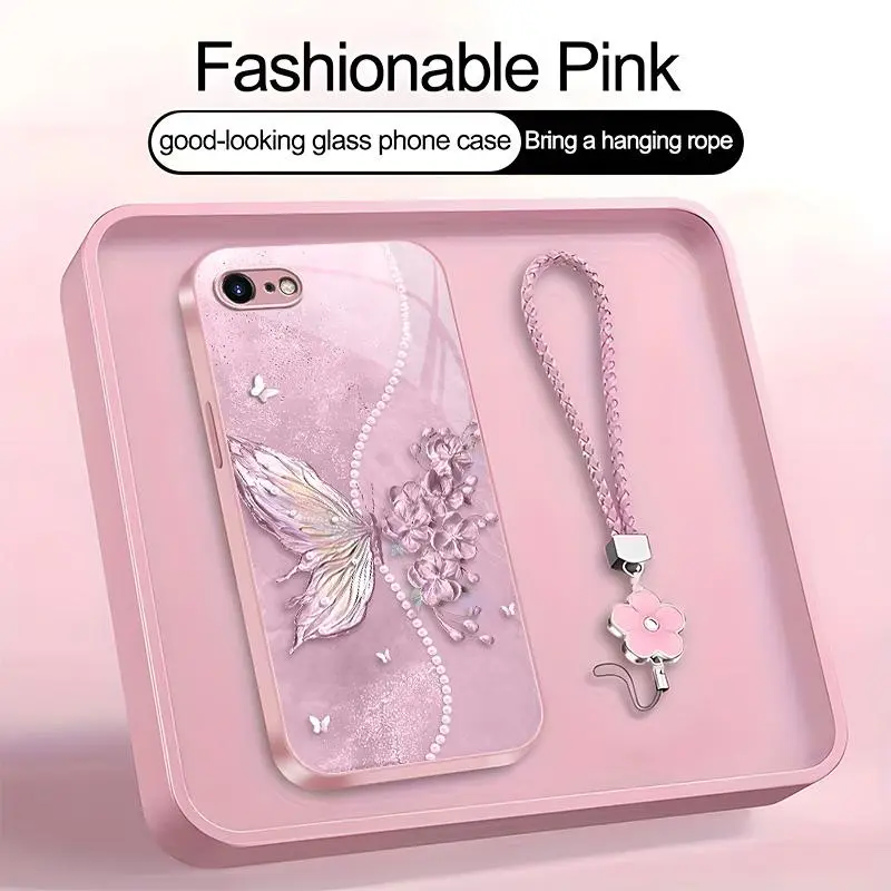 Suitable for [iPhone 8] high-end phone case，a beautiful four-leaf clover lanyard is included,exquisite and dreamy butterfly pattern,a variety of colors are available for you to choose from YM99