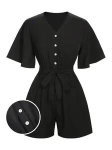 RETROSTAGE Women's 1960s Black Solid V-Neck Flare-Sleeve Breathable Romper, Womenswear Fashion Overalls Set Chic Summer