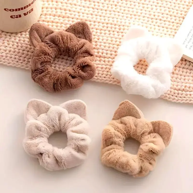 Cute Plush Cat Ear Design Hair Tie for Ponytail Hairstyle, Ponytail Holders, 4 Counts/set Hair Scrunchies, Hair Accessories for Women & Girls, Minimalist Headwear Suitable for Thick Hair, Christmas Gift, Cute Hair Ties