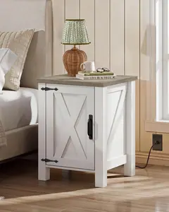 WLIVE White Farmhouse Nightstand with Charging Station, End Table with Barn Door and Adjustable Storage Shelf, Rustic Wood Night Stand, 18" Modern Bedside Table for Bedroom, White