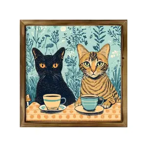 2D Flat, 1Pc Wood Frame Sign Cats Drinking Tea Wall Art Paintings Ideal Gift For Living Room Bedroom Farmhouse Corridor Wall Decor Room Decoration Ready to Hang 8*8inch