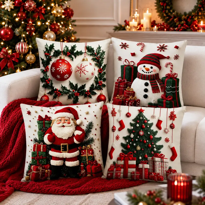 4PCS Christmas Pillow Covers 18x18, Santa Snowman Christmas Tree Ornament Throw Pillow Covers Set, Red Green Holiday Decor for Couch Sofa Living Room