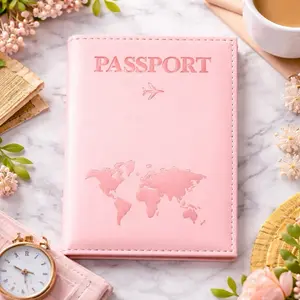 Matte Leather Passport Case with World Map Design in Pink Color for Travelers