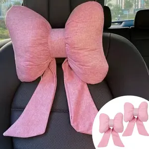 Premium Cute Bow-Shaped Car Neck Pillow - Breathable Cotton Linen Pink Neck Support for Road Trips & Home Car Accessories Breathable Neck Cushion