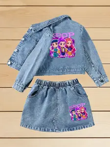 Girls' Cartoon Print Denim Jacket and Short Skirt Set, 1-8 Years, ideal gift for girls, popular Fashion Kpop girls Hunter Design, Spring & Fall&summer, Stylish Holiday Outfits for Kids Spring Break Vibes