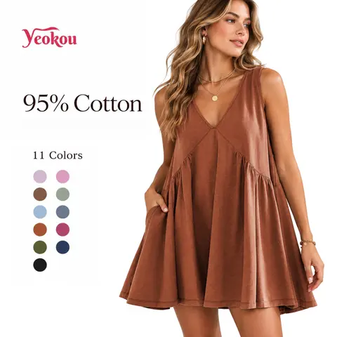 Yeokou Women's Basic Boho V-Neck Sleeveless A-Line Swing Mini Sundress - Cute Clothes, Popular Clothes, Festival Wear, Flowy with Pockets for Summer Casual Wear