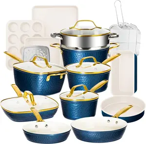 Gotham Steel Hammered 20 Pc Ceramic Cookware Set Nonstick, Induction Pots and Pans Set, Non Toxic Cookware Sets, Oven & Dishwasher Safe, Navy/Gold