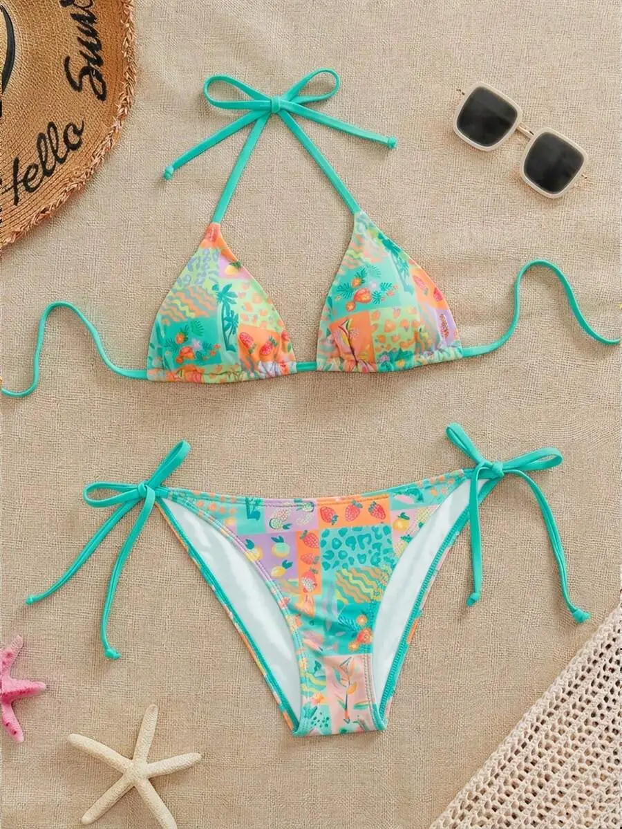 Tropical Print Bikini Set for Women Sexy Summer Beach Vacation Two Piece Swimwear