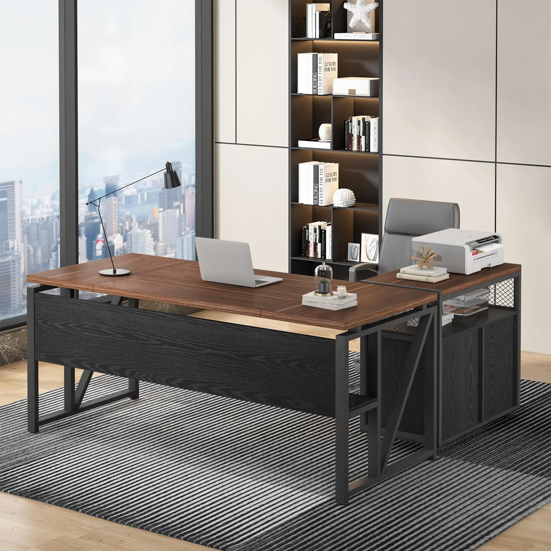 TRIBEWOOD Heavy Duty Sturdy 2-Piece L-Shaped Modular Desks & Workstations Set - 63x24x30in Executive Metal Frame Desk for Dual Monitor Setup, 32x55in Lockable Lateral Filing Cabinet with Hanging Lockable Drawer, Large Storage Shelf (Assembly Required)