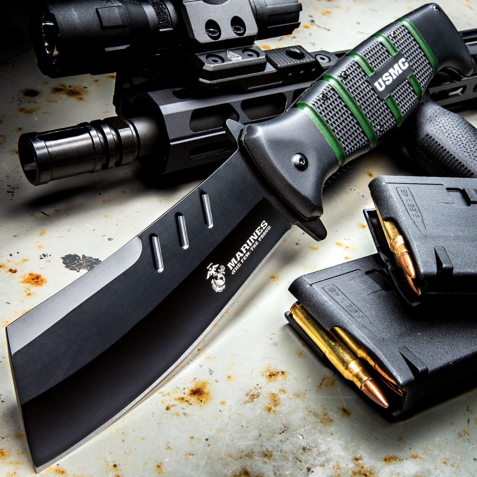 "USMC Cleaver Maximum Pocket Knife   5 1/2"" Blade   12"" Overall   TPR Handle with Deep Grooves   Pocket Clip and Glass Breaker"