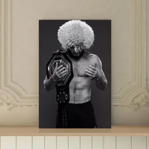 A Frameless Vintage MMA Canvas Poster, Size 30.48X 45.72cm , Theme is Kirby. Black and White Textured Wall Art Displays a Historical Scene, Including a Wrestler and a Championship Belt, Ideal for Cave and Bar Decoration