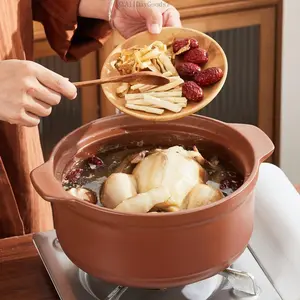 Round ceramic clay pot, natural soil, unglazed fired pottery, oven-safe, with lid, for cooking and riceXXAllDayGoods7