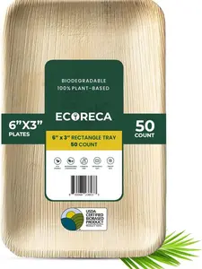 ECORECA 6x3 Inch Rectangle Compostable Palm Leaf Plates (50-Pack) Disposable for Appetizers Bamboo-Style Eco-Friendly Biodegradable Plates for Parties, Weddings & Catering | Camping Essentials.
