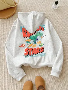 Women's Dinosaur & Letter Print Drawstring Pocket Thermal Lined Hoodie, Casual Long Sleeve Hooded Sweatshirt for Fall & Winter, Women's Clothes for Daily Wear