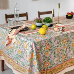 Burnt Orange, Olive Green Floral Indian Hand Block Printed Rectangle Tablecloth, Cotton Table Cover, Housewarming Gifts, French Tablecloth