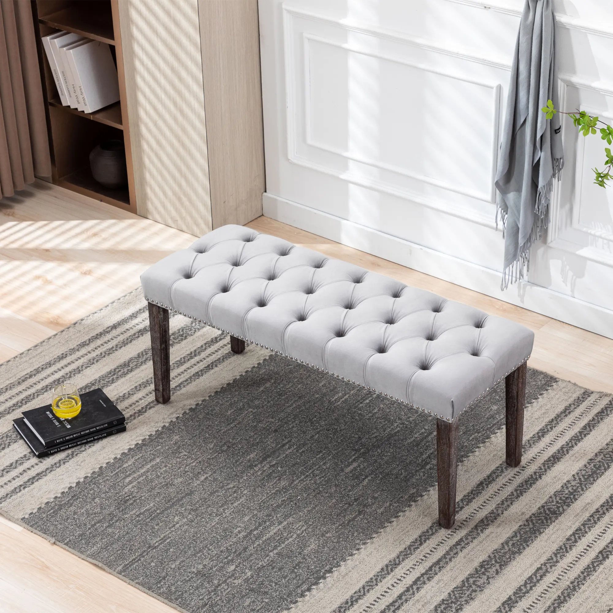 Upholstered Tufted Bench Ottoman with Velvet Cushion, Light Grey – Comfortable Seating for Entryway, Bedroom, Living Room