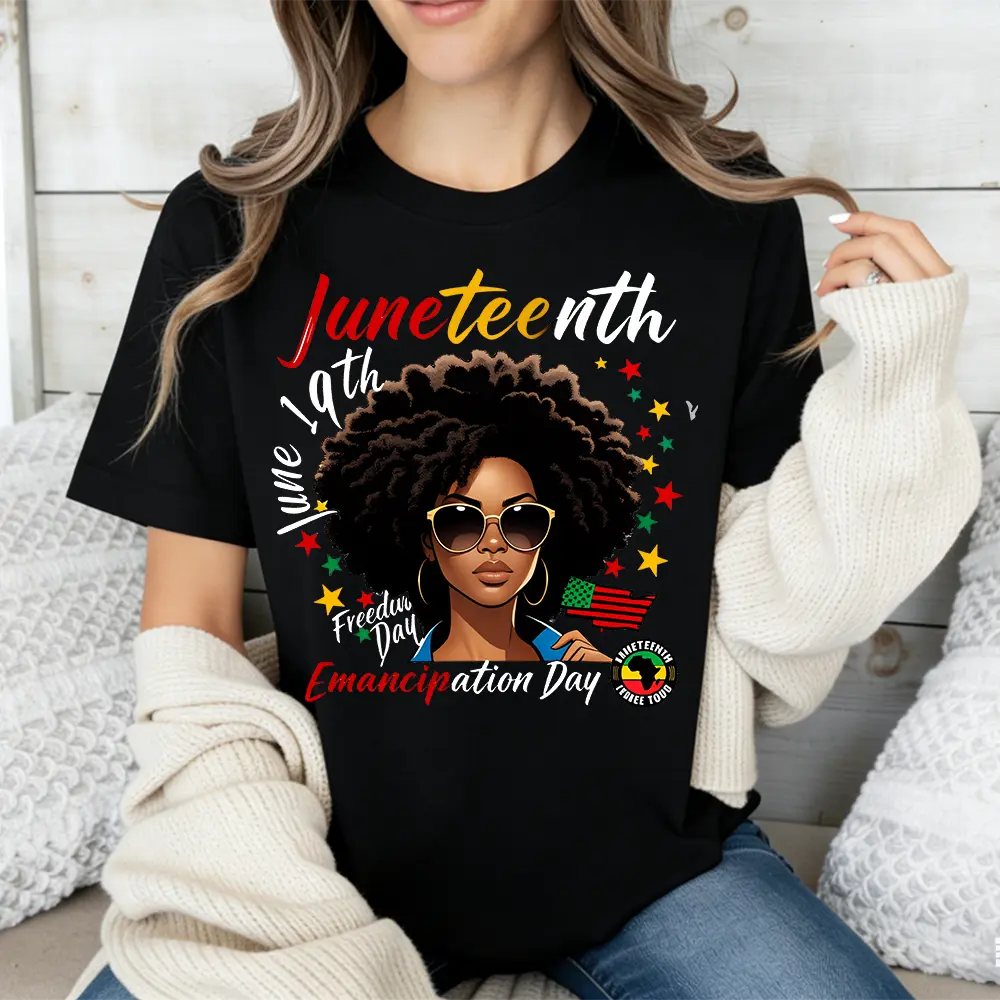 June 19th Juneteenth Freedom Day Emancipation Day Afro Woman With Flag And Stars Print T Shirt Crew Neck Casual Loose Fit For Everyday Wear And Outdoor Activities
