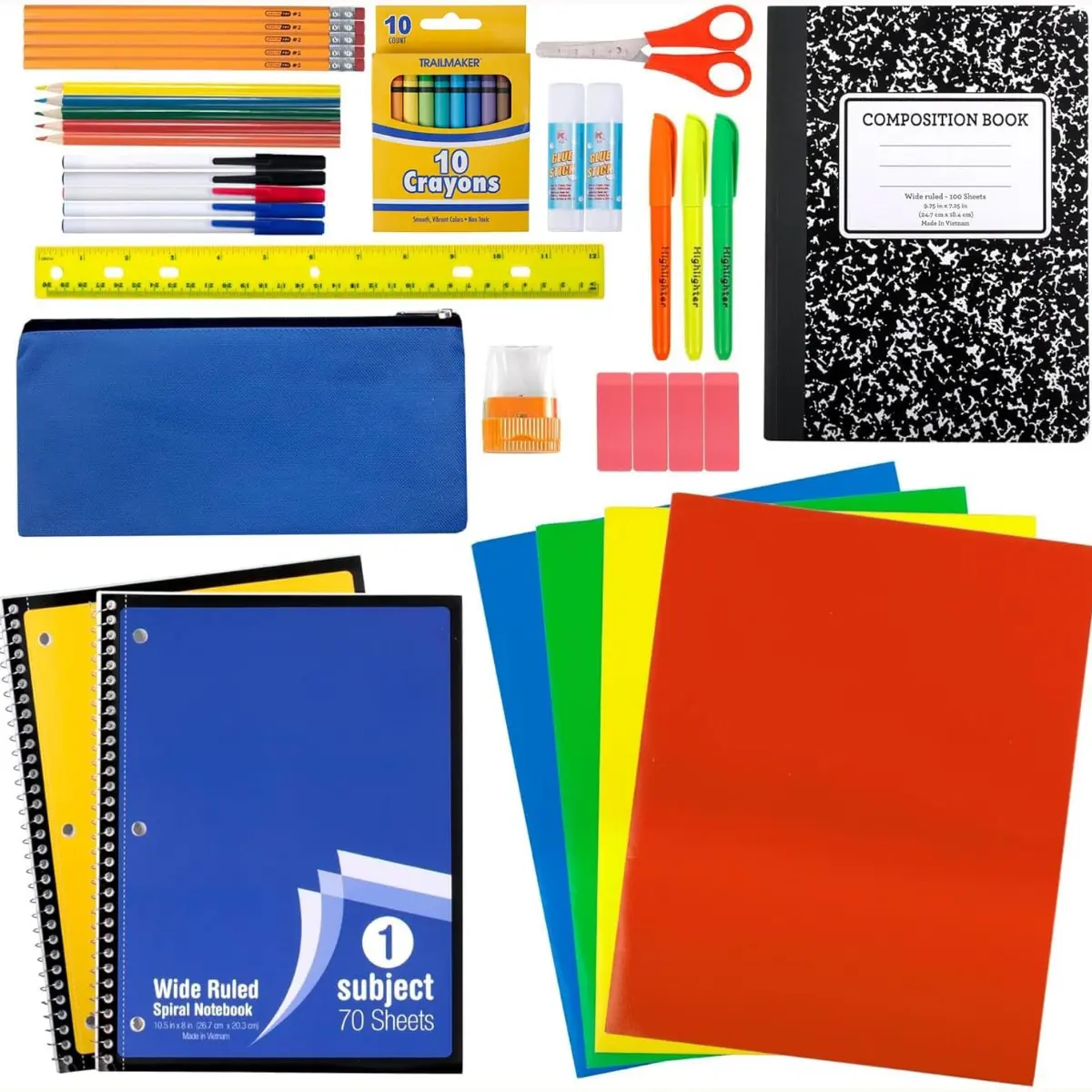 45-Piece School Supply Kit for Grades K-12, Back to School Office Stationery Essentials Including Folders, Notebooks, Pencils, Pens & More