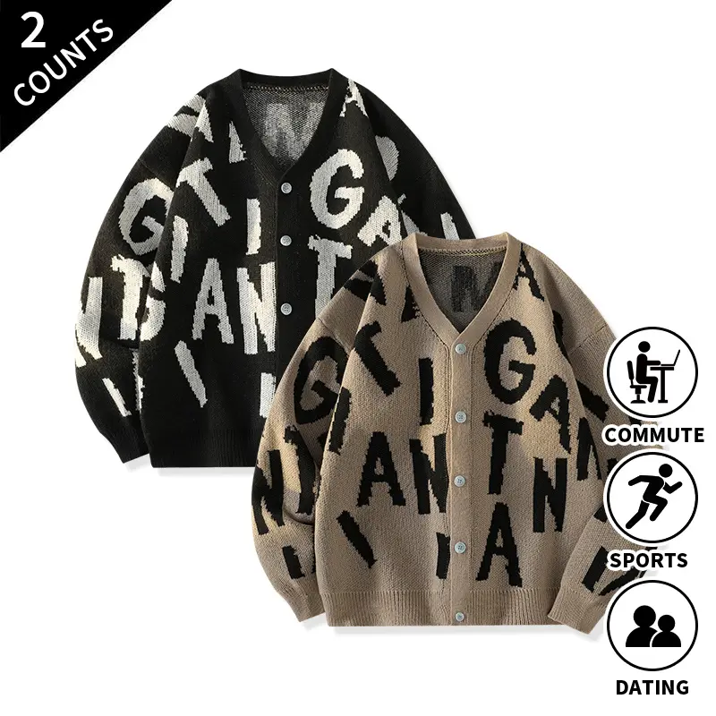 Men’s Stylish Soft 2-Pack Loose-Fit V-Neck Polyester Knit Cardigan Sweater, Button Closure, Letter Print Menswear Knitwear for Casual Street, Commuting