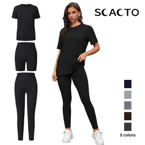Scacto Women's 3-Piece Round Neck Short-Sleeved Top, Shorts & Pants Sporty Set - Stretchable Activewear, Gym Workout Clothes, Yoga Outfit Set, Workout Casual Wear for Summer Athletic Use