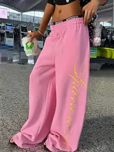 Women's Pink Wide-leg Track Pants, Y2K Street-style with Gold Handwritten Print, Elastic Adjustable Drawstring Waist, Perfect for Casual, Travel & Loungewear