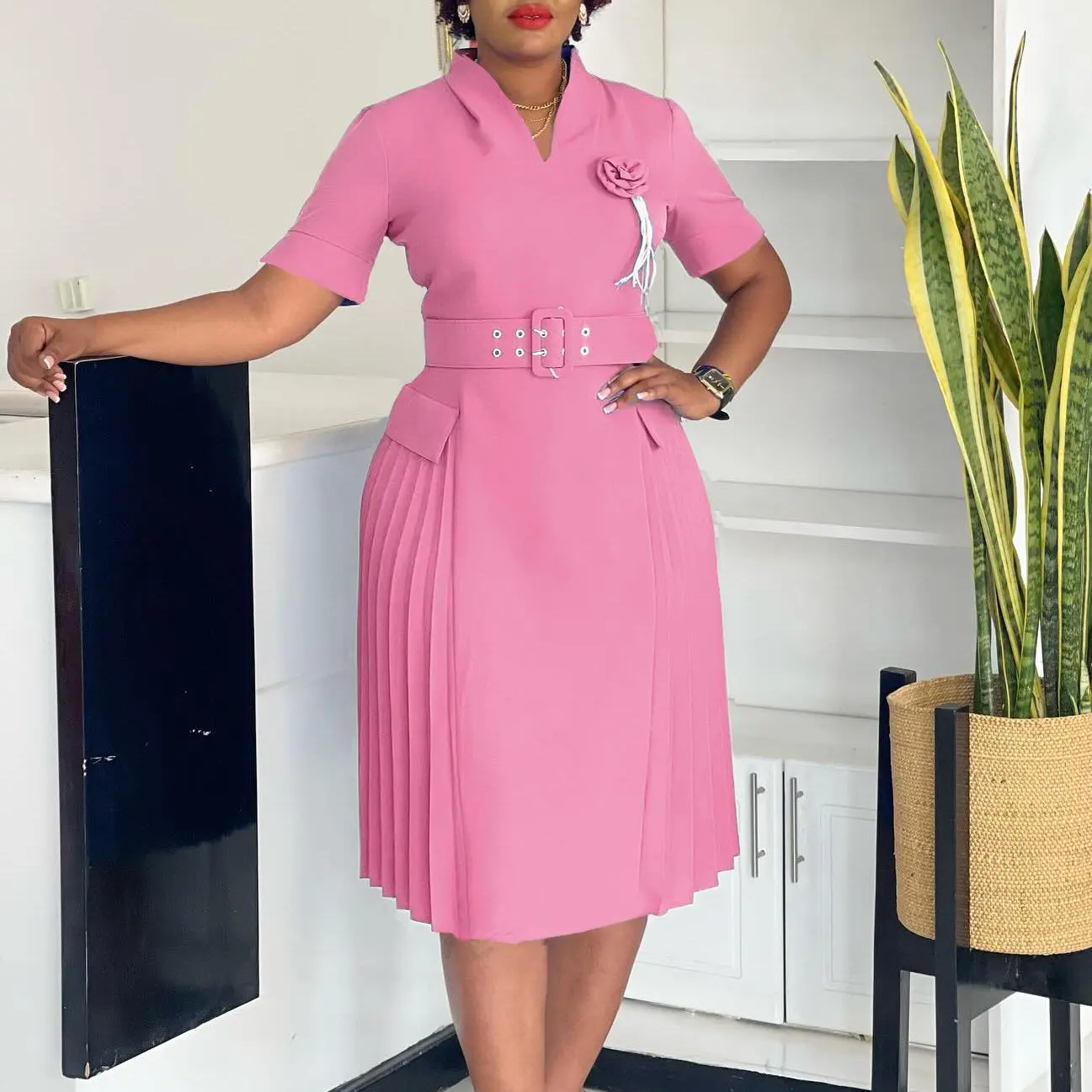 Mina Women's New Fashionable Elegant V-neck Solid Color Plus Size Pleated High  Waist Dress - TikTok Shop