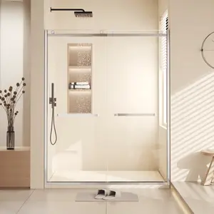 Sliding Glass Shower Door Frameless Shower Door in Stainless Steel 60" W x 76" H, Tempered Glass Shower Doors with Seal Strip Parts and Handle, Easy Sliding Showe Door